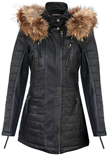 Infinity Leather Schwarze Damen Leder Parka Jacke Gesteppte Abnehmbare Kapuze Regenmantel 2XL