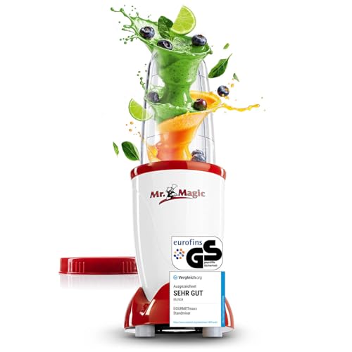 GOURMETmaxx Mr. Magic Mixer | Smoothie Maker - 4-tlg. | Standmixer mit Mixbecher & Frischhaltedeckel | Blender mit 8 Funktionen | Food Processor für Shakes, Smoothies, Shots & Co.