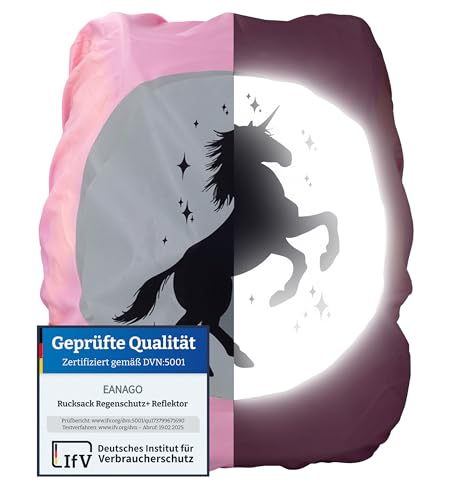 EANAGO Premium Regenschutz für Schulranzen und Rucksack - mit großem Sicherheitsreflektor - 100% wasserdichte Regenhülle - universell passend - Regenüberzug Ranzenhülle (Pink_Einhorn)