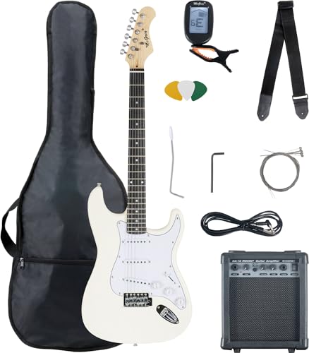 McGrey Rockit ST Komplettset E-Gitarre (8-teiliges Anfängerset mit Gitarre, Verstärker, Ersatzsaiten, Gitarrentasche, Stimmgerät, Plektren, Gurt und Gitarrenkabel) White