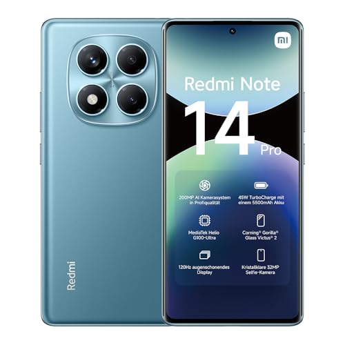 XIAOMI Redmi Note 14 Pro Smartphone, 8 + 256GB, Blue, 200MP professionelle AI-Kamera, 5500mAh Akku, 32MP Selfie-Kamera, AI-Funktionen (kein Ladegerät enthalten)