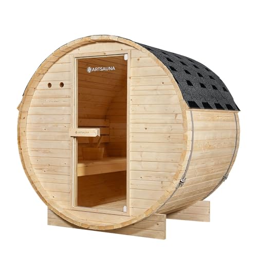 Artsauna Outdoor Fasssauna Spitzbergen 120 für 2 Personen - 3,6 kW Ofen, Saunasteine & Zubehör - Saunafass aus Fichtenholz - Außensauna Gartensauna