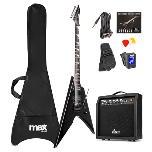 Max GigKit Rock Style E-Gitarre, E Gitarren Set mit Gitarrenverstärker, Tasche, Plektrum, Stimmgerät Gitarre, Instrumentenkabel, Ersatzsaiten, Gitarrengurt, 24 Bünde - Schwarz