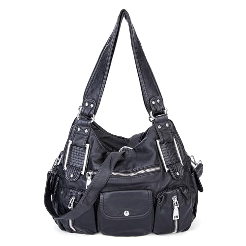 VINBAGGE Damen Handtasche Große Schultertasche PU Leder Henkeltasche Frauen Weiches Hobo Tasche Umhängetasche für Reisen Schule Shopping Mädchen, F-Schwarz