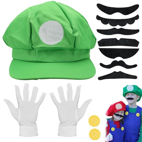 CHRI Super bros kostüm für cosplay, Kostüm Accessories Mütze Handschuhe Hut Bart Knöpfe für Fasching Halloween Karneval Cosplay (Grün)