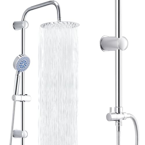 Trintion Regendusche Duschsystem 20 * 20cm Duschsets Duschstangen Duschmischer mit zwei Köpfen Verstellbare Kopfbrausen Duschköpfe Handbrausen-Sets mit Schlauch und Stange (Runden, Silber)