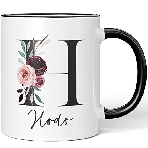 JUNIWORDS Tasse, Hodo, Name Anfangsbuchstabe Initial Alphabet Floral Buchstabe H Monogramm Motiv, Schwarz (5573754)