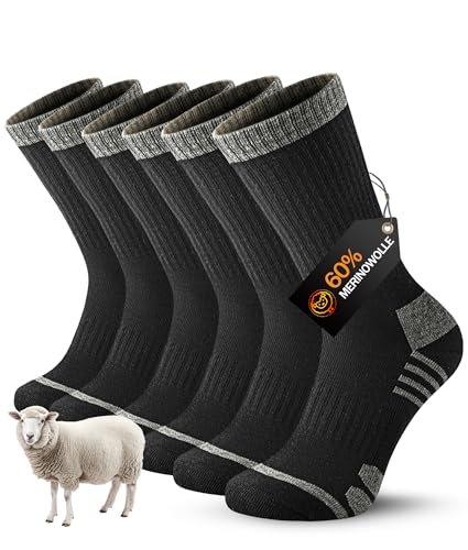 YESWEL 3 Paar Merino Wandersocken Herren Damen, 60% Merinowolle Trekkingsocken, Outdoor sportsocken, Wintersocken Gepolstert für Trekking Sport Schwarz M