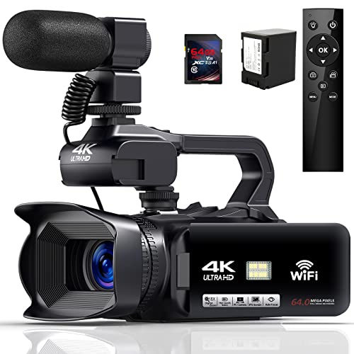 4K Videokamera Camcorder 64MP 60FPS 18X Digital Zoom Auto Focus Vlogging Camera for YouTube, 4.0