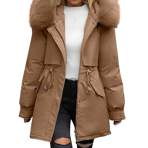 Wintermantel Damen Mittellang Winterjacke Warm Gefüttert Fleece Parka Mantel Mit Kapuze Kunstpelzkragen Jacke Frauen Winter Winterparka Verdickene Outdoor Übergangsjacke Mit Zipper（Coffee,X-Large)