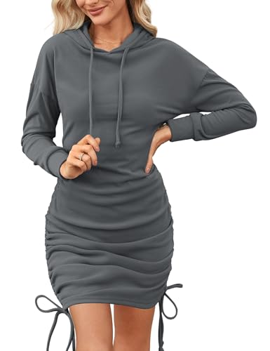 Aottori Sweatkleid Damen Herbst Kapuzenpullover Kleider Lang Pulloverkleid Langarm Hoodiekleider mit Kapuze Winterkleid Warm Longpullover Winter Dunkelgrau M