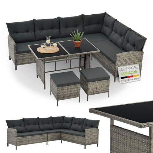 Juskys Polyrattan Lounge Manacor mit Ecksofa, Esstisch, 2 Hocker & Kissen - wetterfest bis 7 Personen - Bezüge waschbar - Rattan Garten Sitzgruppe Gartenlounge Gartenmöbel Set - Grau-meliert