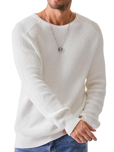 Elegancity Herren Rundrals Pullover Weiß Einfarbig Strickpullover Loose Fit Grobstrick Pulli Warm Sweater Langarmshirt L