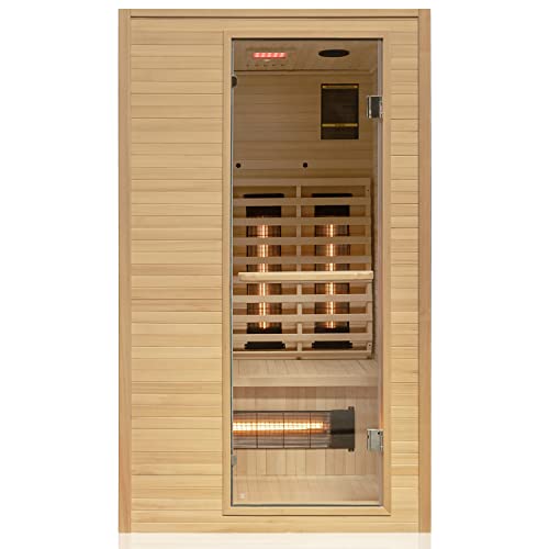 Dewello® Infrarotkabine Infrarotsauna Calgary 115cm x 105cm 1-2 Personen inkl. Vollspektrumstrahler, Ionisator mit Aroma Therapie, LED-Farblichttherapie aus Hemlock Tannenholz