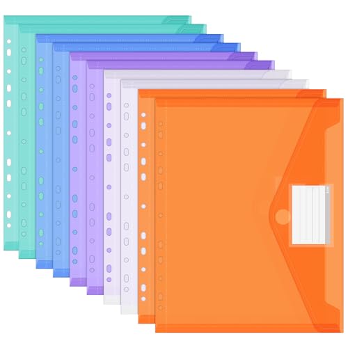 10 Stück Dokumententasche A4, Wasserdichte Dokumentenmappe, 11 Lochrand Sammelmappen Mit Etikettentasche, Bunte Mappen für Dokumente Organisieren, Bürobedarf, Hausaufgaben