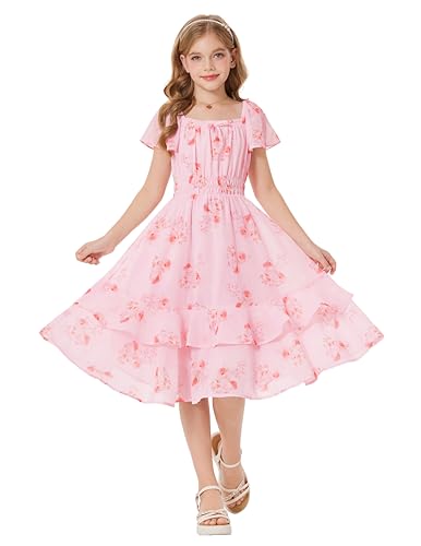 GRACE KARIN Mädchen Kurzarm Kleid Blumenkleid Quadratischer Ausschnitt A-Linie Freizeitkleid mit Gummizug Rosa-weiße Blumen 8 Jahre
