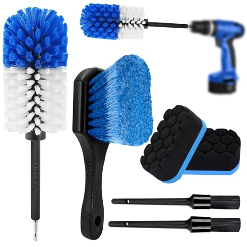Felgen Reinigungsset, Autowaschset inkl. Felgenbürste für Akkuschrauber, Reifenbürste, Detailing Pinsel, Tire Dressing Applicator - Auto Motorrad Alu-& Stah Felgen kratzfreie-& schonende Pflege