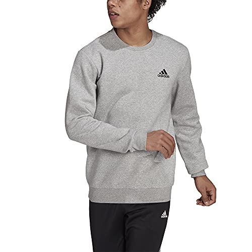 adidas Men's Essentials FEELCOZY Fleece Sweatshirt, medium Grey Heather/Black, L