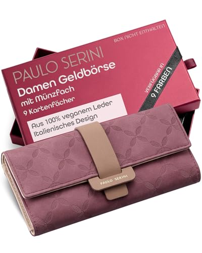 PAULO SERINI® Geldbörse Damen - Portemonnaie Damen 100% veganes Leder - Geldbeutel für Frauen groß mit 9 Kartenfächern Frauen - Women Wallet Cherry Red - rot