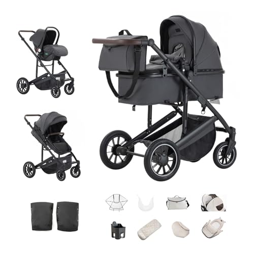 Kakbgee Kinderwagen 3 in 1, Kombi-Kinderwagen mit ECE R129-Autositz, höhenverstellbarer Griff, Buggy mit hohem Aluminiumrahmen für Neugeborene