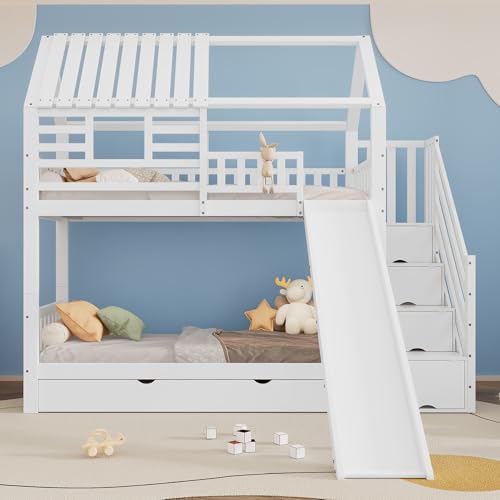 Rvjiahe Etagenbett mit Treppe und Rutsche, Hausbett, Treppe mit Stauraum, Rahmen aus Kiefernholz und MDF, Kinderbett mit Fenster und Dach, mit Fallschutzgitter und Schublade, Weiß, 90x200cm*2