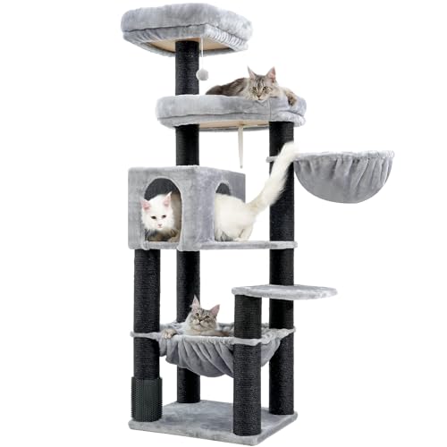 Hey-brother XXL Grosse Kratzbaum für Maine Katze, 168cm Katzenbaum für groß Katzen, mit übergroßer Hängematte, Sisalpfosten (φ11cm) und Kämmer, 2 Plattformen, Höhle, Korb, Hellgrau EMPJ01W