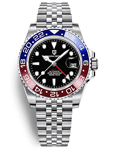 Pagani Design Herrenuhr Automatik Mechanische Uhr GMT Dual-Zeitzone Armbanduhren Edelstahl Zweifarbige Keramiklünette 100M Wasserdicht PD-1662 (5 Blau Rot)