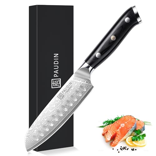 PAUDIN Damastmesser santoku messer 13 CM, Profi Damast Küchenmesser für Küche, Extrem Scharf Kohcmesser und Küchenbeil, Hochwertigem Edelstahl Messer mit Scharfe Klinge und Ergonomisches G10 Griff