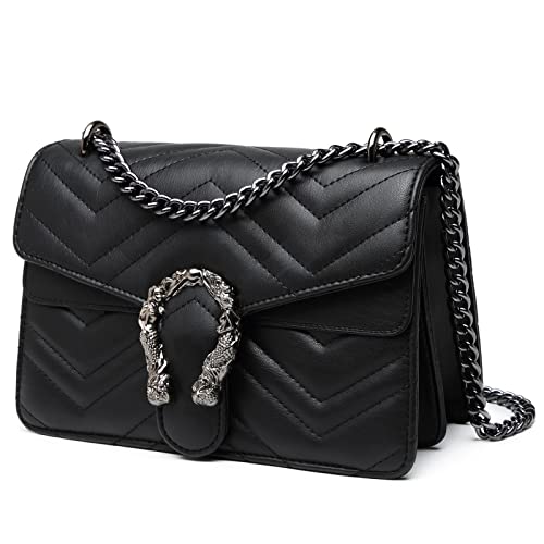 Travistar Crossbody Bag Umhängetasche - Gesteppt Kette Handtasche Damen Klein Schultertasche Leder Cross Body Tasche Mode Abendtasche mit Verstellbarer Ketten-Schulterriemen Schwarze