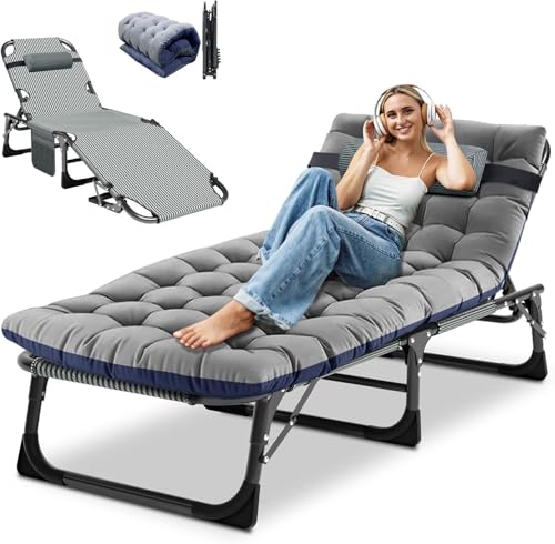 Obqer Folding Lounger, 200KG Belastbarkeit Klappbett Gästebett mit Matratze, Seitentaschen und Kopfstütze, verstellbare Rückenlehne, einfach zu montieren, geeignet für Garten, Sonnenbaden, Büro