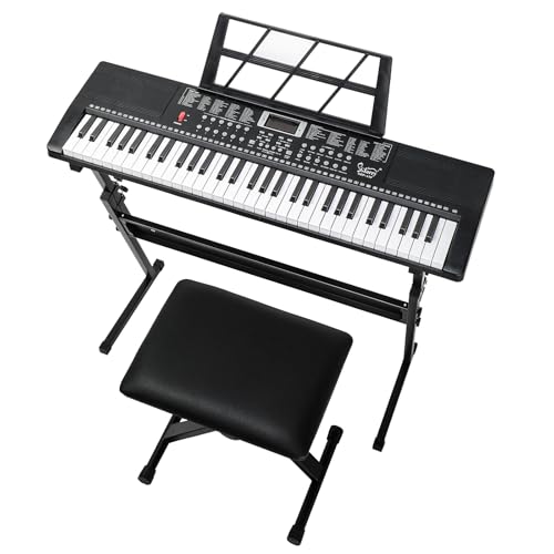 LALAHO Tragbare Keyboard Piano 61 Tasten für Anfänger, Digital Piano mit Keyboardständer, Klavierbank, Notenständer, Mikrofon, Kopfhörer, LED-Bildschirm, 3 Lernmodi