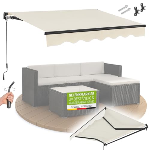 Juskys Gelenkarmmarkise 350 x 300 cm, UV40+ & wasserabweisend, mit Kurbel & Wandhalterung Länge + Winkel einstellbar, Markise für Terrasse & Balkon, Sonnenschutz Balkonmarkise Gelenkmarkise, Beige