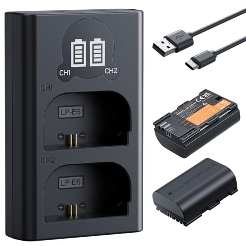 K&F CONCEPT LP-E6NH hohe Kapazität 2600mAh Zwei Akkus und EIN Ladegerät (2er Pack) und 2-Slot Ladegerät Akku-Kit,Kompatibel mit Canon EOS R7 R5 EOS R6 EOS R 5D II III IV 6D II 7D II 60D 70D 80D 90D