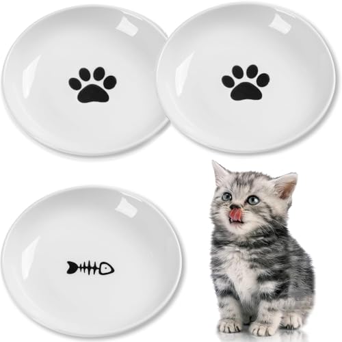 Keramik Katzennapf 3er Set, Weiß - Futternapf Katzen Flach mit Rutschfestem Silikonring für Perser & Flachgesichter - Spülmaschinenfest, Hygienisch