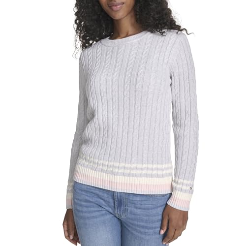 Tommy Hilfiger Damen-Pullover aus Baumwolle mit Rundhalsausschnitt und Zopfmuster, Pearl Heather Grey Multi, Mittel