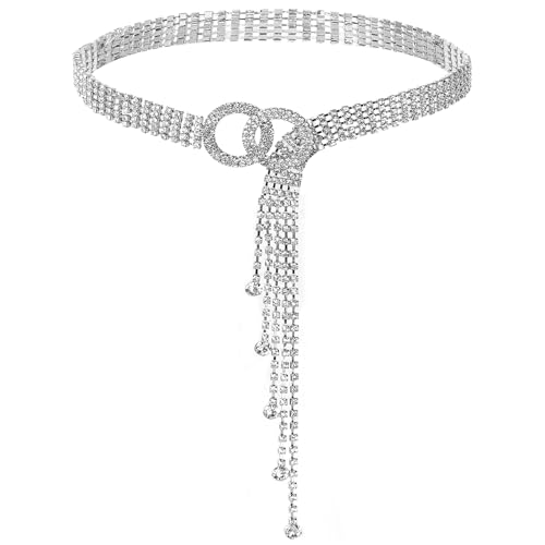 JABNOW Strass Taillengürtel für Damen,130CM Kristall Taillenkettengürtel Verstellbarer Kristall O Ring Bundgürtel,Strass Kettengürtel für Jeans Kleider-Einstellbar bis 120cm