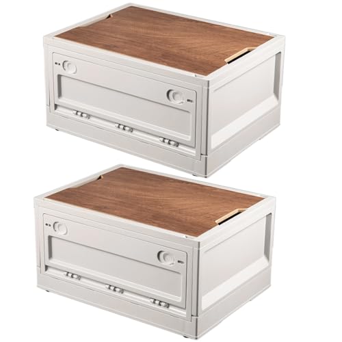 RMAN 2er Set Campingbox 38L Aufbewahrungsbox mit Deckel Picknickkorb Ordnungsboxen mit 4 Rollen Kofferraum Organize Campingschrank Faltbar für Reisen im Freien, Camping, Familie - Cremeweiß
