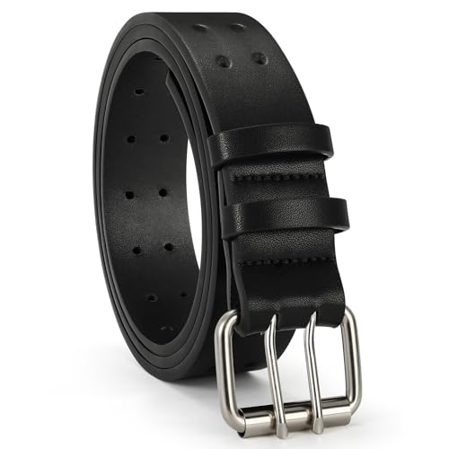 VONMELLI Herren Gürtel Double Prong Ledergürtel Schwarz Casual Arbeitsgürtel Heavy Duty Dual Hole für Jeans Pant Länge 105cm S