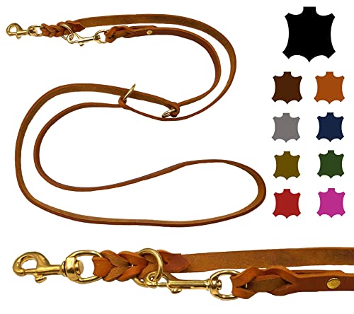 Hundeleine Fettleder Messing kleine Hunde/große Hunde 2m / 2,40m / 2,80m / 3,50m / 5m Doppelleine verstellbar (2m X 8mm, Cognac)