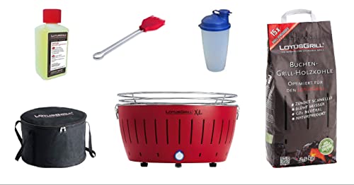 LotusGrill XL Starter-Set 1x XL Grill Feuerrot mit USB-Anschluß, 1x Buchenholzkohle 2,5 kg, 1x Brennpaste 200ml, 1x Marinierpinsel, 1x Dressingshaker, 1x Transport-Tasche XL