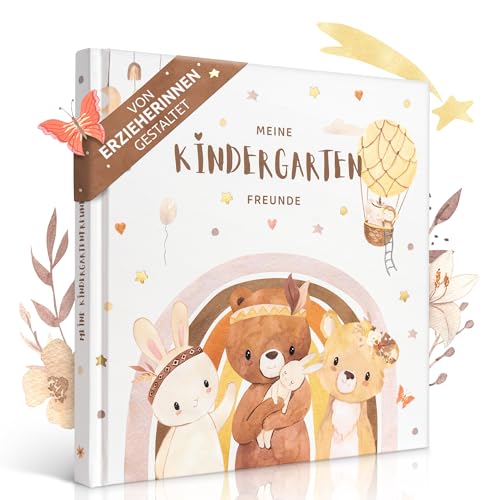 EULENTALER® Das Kita & Kindergarten Freundebuch I Von Erzieherinnen gestaltet I Handgemalte Tiere im Boho-Look I Kinderfreundliche Gestaltung I Goldprägung I Meine ersten Freunde für Jungs & Mädchen