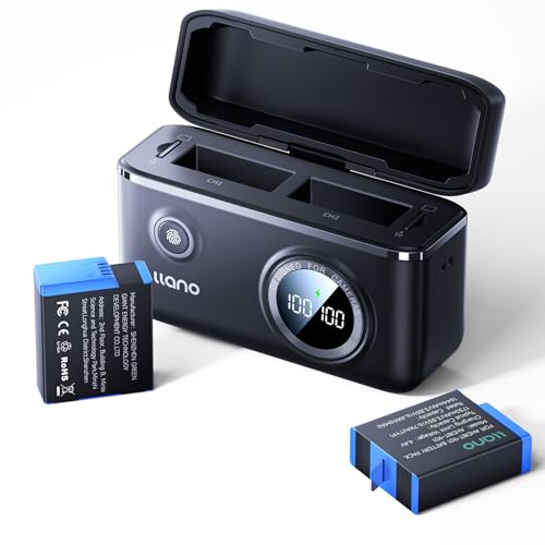 llano Hero12/11/10/9 schnelles Dual Akku 18 W Ladegerät Set für GoPro HERO12/ HERO11/ HERO10/ HERO9 Black mit 2er* 1730 mAh Akku, intelligente Digitalanzeige Akkuladegerät