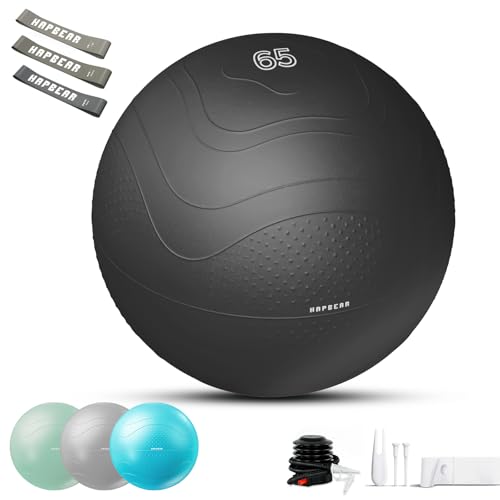 HAPBEAR Gymnastikball & Sitzball (55/65/75 cm) – Anti-Burst, rutschfest Mit Massage-Noppen, Extra Dickes PVC, Bis 200 Kg – Komplettset Mit Fußpumpe & 3 Widerstandsbändern für Fitness, Büro & Yoga