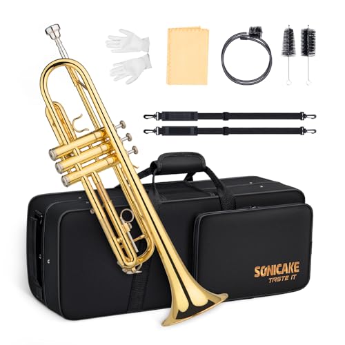 SONICAKE Bb Standard Trompetenset für Anfänger, Studenten Trompete aus Messing mit Hartschalenkoffer, 7C Mundstück & Handschuhe Golden QTP-01