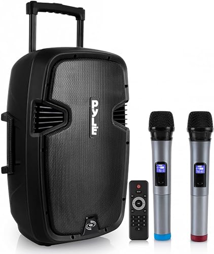 Pyle Bluetooth Lautsprecher Groß, 1000W PA Anlage, Tragbar mit 2 UHF Hand Mikrofonen, USB, SD, MP3, Fernbedienung, Ideal für Karaoke & Events
