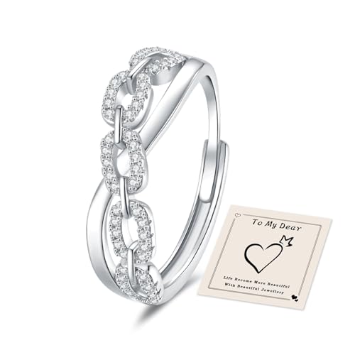 HEEYA Ringe Silber für Damen Verstellbarer Edelstahl Ringe Quadratisches Kettenblatt mit 5A Zirkonia Ring Ewigkeit Verlobungsring Verdrehtes Seil Eheringe Promise Ring für Frauen mit Geschenkbox