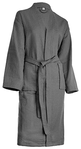 Brandsseller Unisex Bademantel aus Baumwolle L – Leichter Morgenmantel aus Waffel-Piqué für Damen & Herren – Saunamantel / Hausmantel für Wellness & Zuhause - Anthrazit