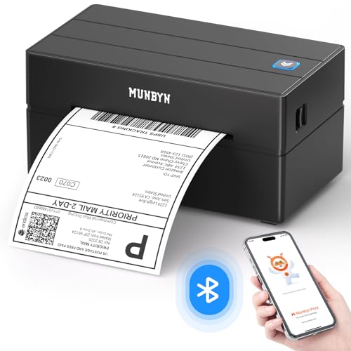 MUNBYN DHL Etikettendrucker Bluetooth, Label Printer 4x6 Versandetiketten Drucker, Thermodrucker Labeldrucker für Shopify, Ebay, Etsy, DHL, DPD, GLS, UPS, mit 25 Etiketten, Ohne Tinte, 130B Schwarz