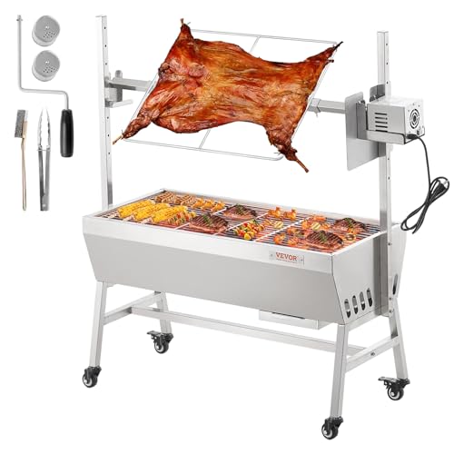 VEVOR Lammgrill, Spanferkelgrill, Spießbratengrill, 61 kg BBQ-Holzkohle-Spießgrill für ganzes Schwein, Lamm, Ziege, elektrischer 42-W-Motor, Edelstahl-Drehspießröster mit feststellbaren Rädern