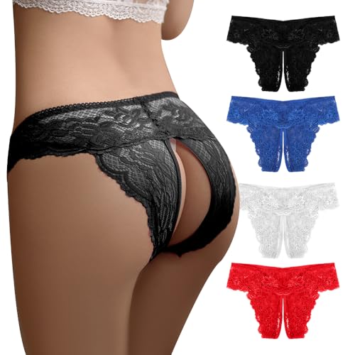 GKLWEJ 4 Stück Erotische Damen-Höschen im Schritt Offen - Spitze String Tanga, Slip Ouvert, Desusse für Frauen, Reizwäsche Für Sex (4 Farben)